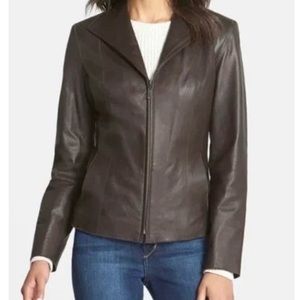 Cole Haan Lambskin Leather Jacket in Dark Expresso Brown Size 16 $498